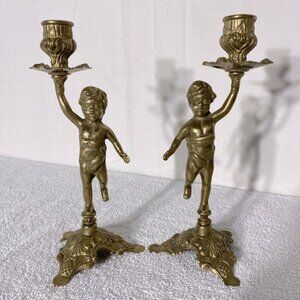 Vintage Brass Cherub Candlestick Holders X2